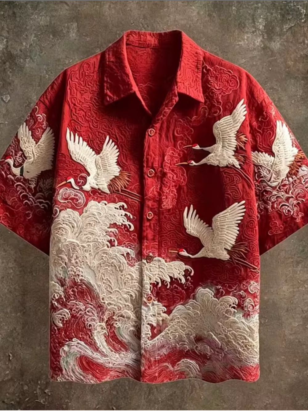 Red Embroidered Crane Wave Short-Sleeve Shirt
